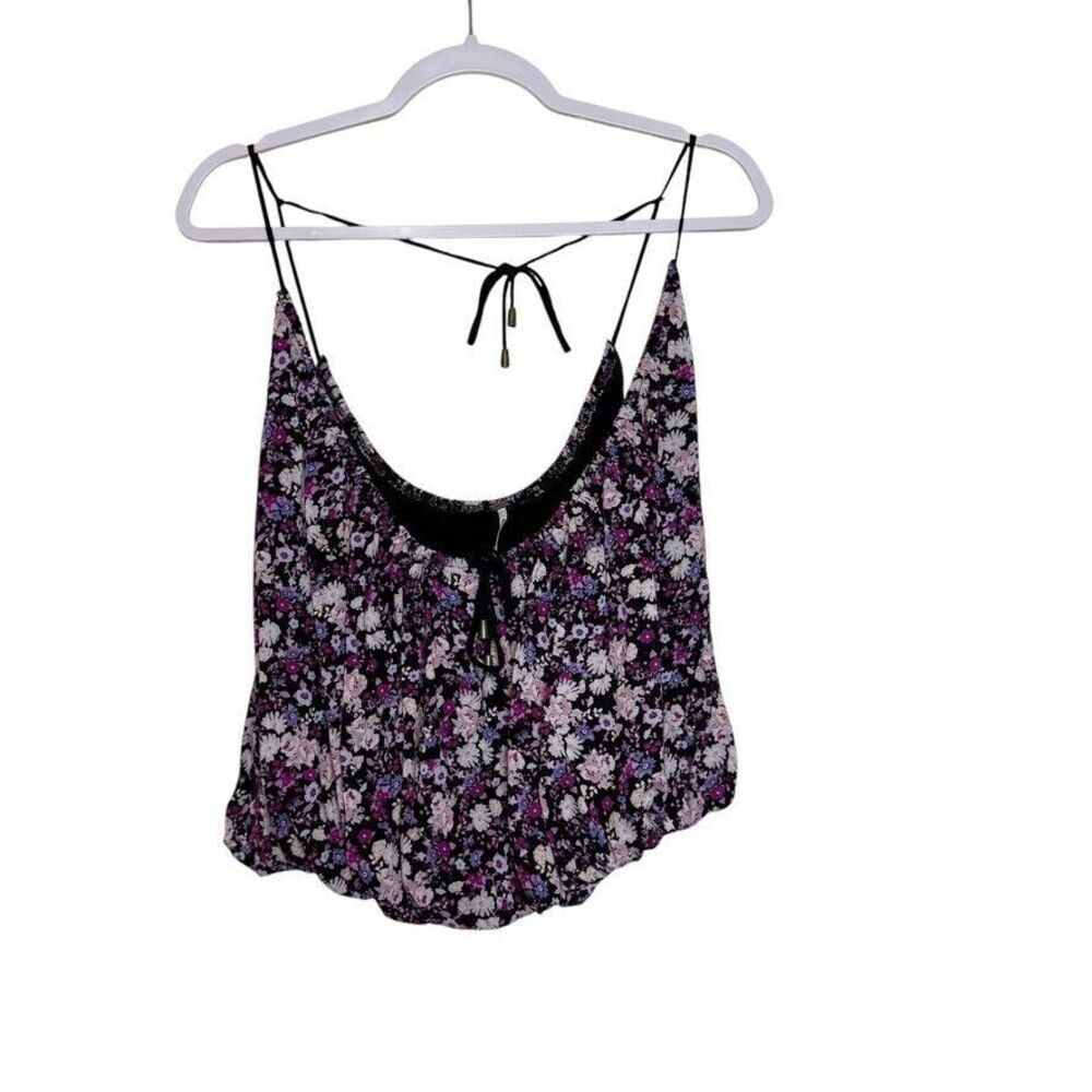 Free People Daisy Babe Crop Tank Top Women L Purple Floral Cinched Waist Boho